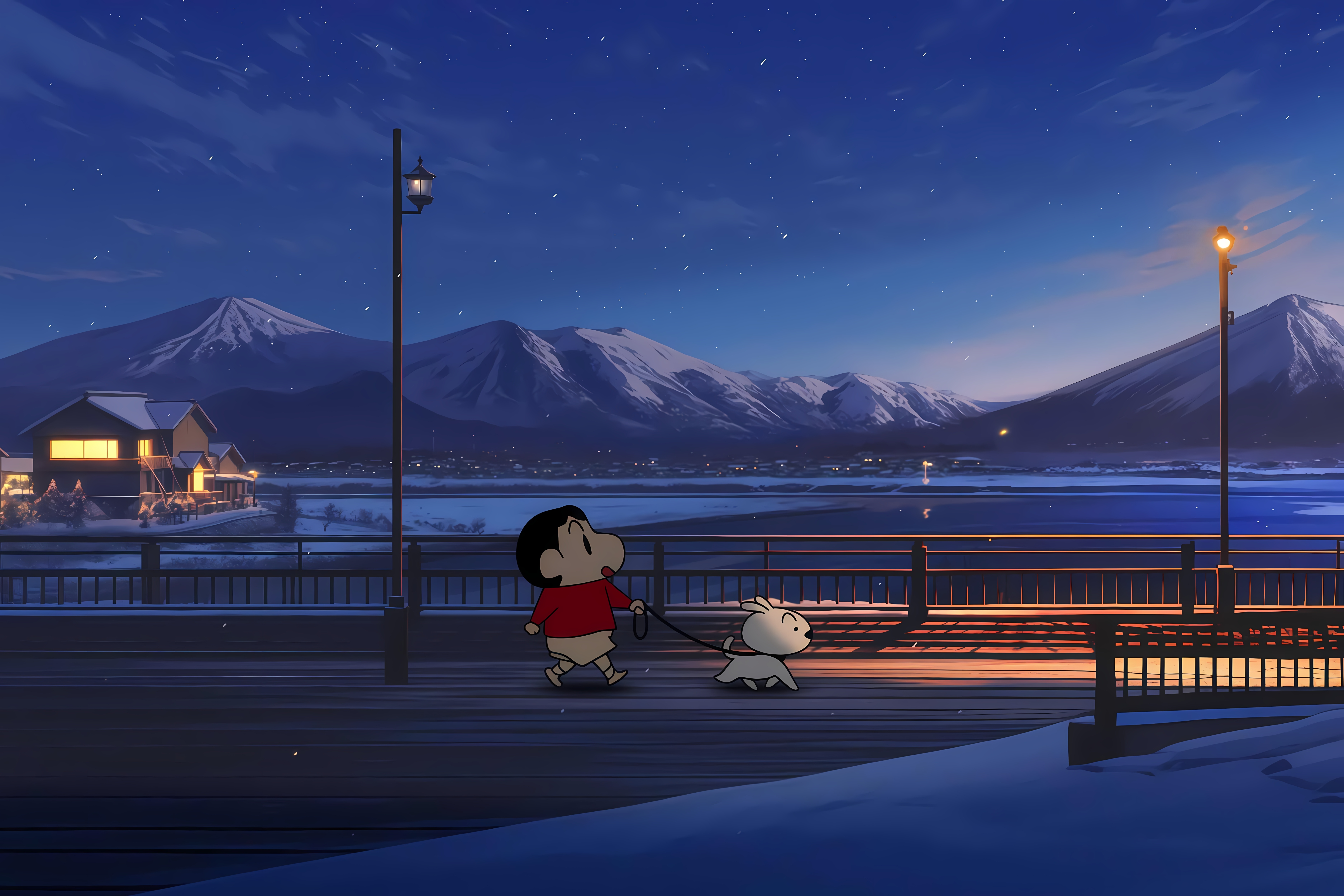 小新遛狗夜间图